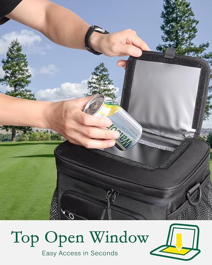 Golf Cart Cooler Bag Insulated - 12-Can Leakproof Soft Cooler Bag with Hook-and-Loop Lid, Waterproof Zippers, and Multi-Pockets for Accessories; Fits on Golf Push Cart