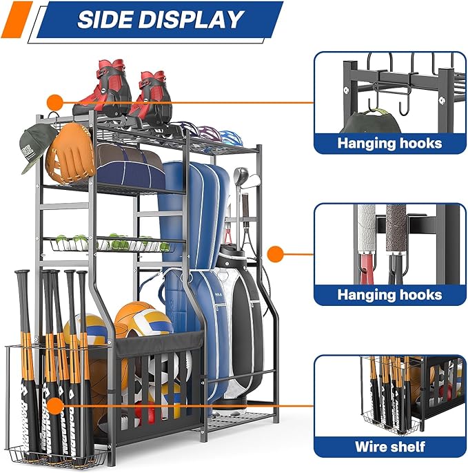 Heavy Duty Garage Sports Equipment Organizer, All-in-One Golf Bag Storage Rack & Multi-Sport Ball Holder for Basketballs, Bats & Kids Toys, Indoor/Outdoor Free Standing Gear Bin