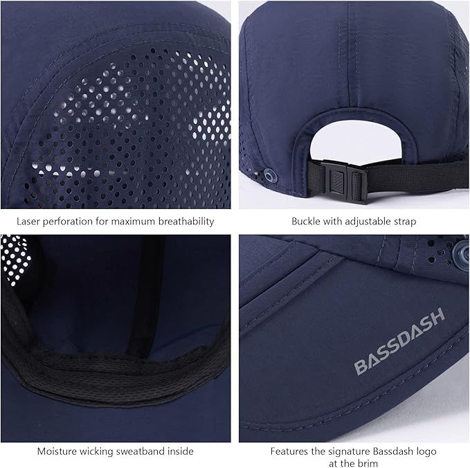 BASSDASH UPF 50+ Foldable Fishing Hat Baseball Cap with Removable Neck Flap Portable for Men Women Golf Hiking