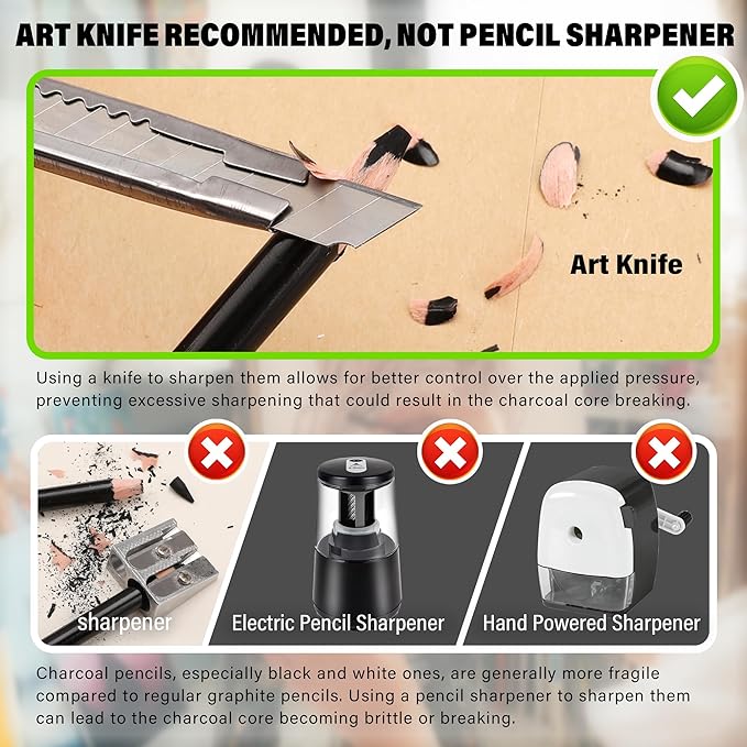 KALOUR Professional Charcoal Pencils Drawing Set -12 Pieces Soft, Medium and - Image 5