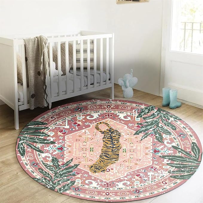 Washable Pink Rugs Thin Oriental Boho Vintage Cute Tropical Leopard 5ft Round by Aldopein