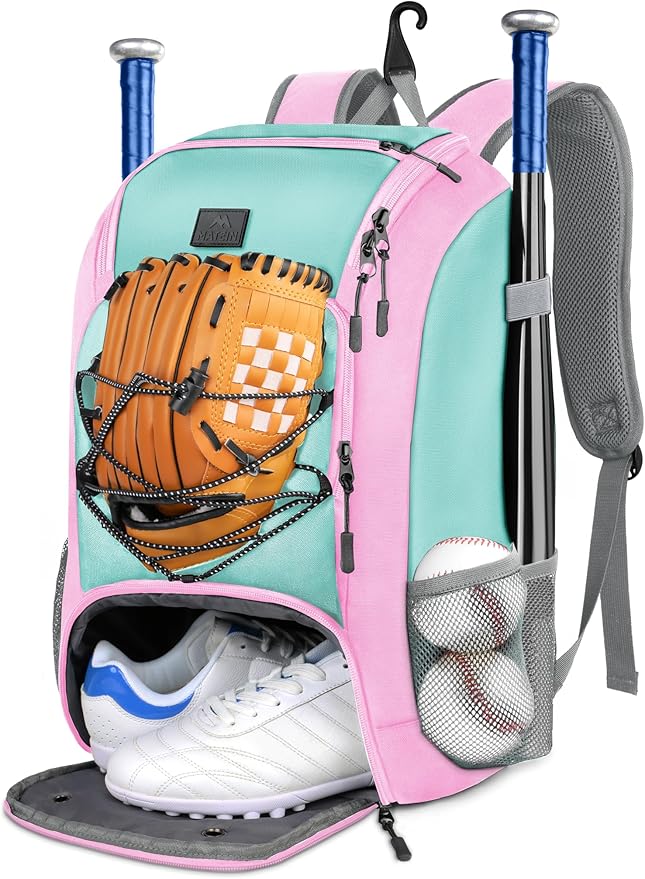 MATEIN Baseball Backpack, Softball Bat Bag with Shoes Compartment for Youth, Boys and Adult, Lightweight Baseball Bag with Fence Hook Hold TBall Bat, Batting Mitten, Helmet, Caps, Teeball Gear