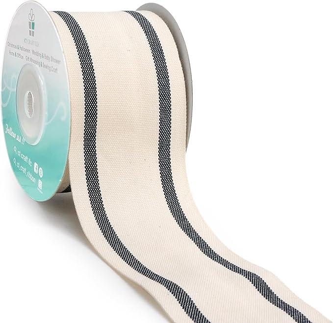 CT CRAFT LLC Ivory Cotton Black Stripes Ribbon 2" x 10 Yards by CTCRAFTLLC