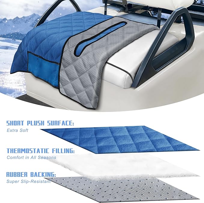 YOKYHOM Golf Cart Seat Covers with 4 Front Pockets, Thick Seat Towel Blanket with Non-Slip Backing, Fits EZGO, Club Car, Yamaha and More 2 & 4 Passenger Golf Carts, Blue