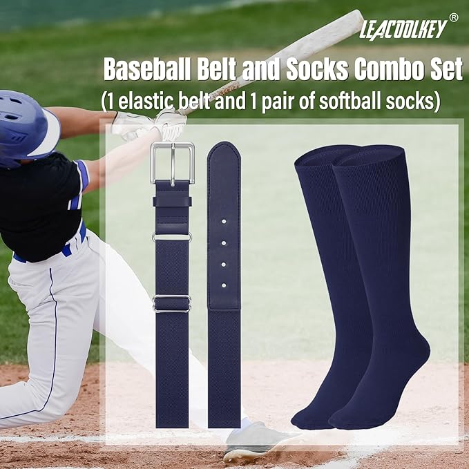 LEACOOLKEY Baseball Belt and Socks Combo Set Adjustable Softball Socks and Elastic Belt for Youth and Adult
