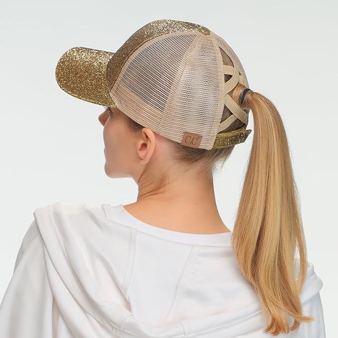 C.C Ponycap Messy High Bun Ponytail Adjustable Glitter Mesh Trucker Baseball Cap