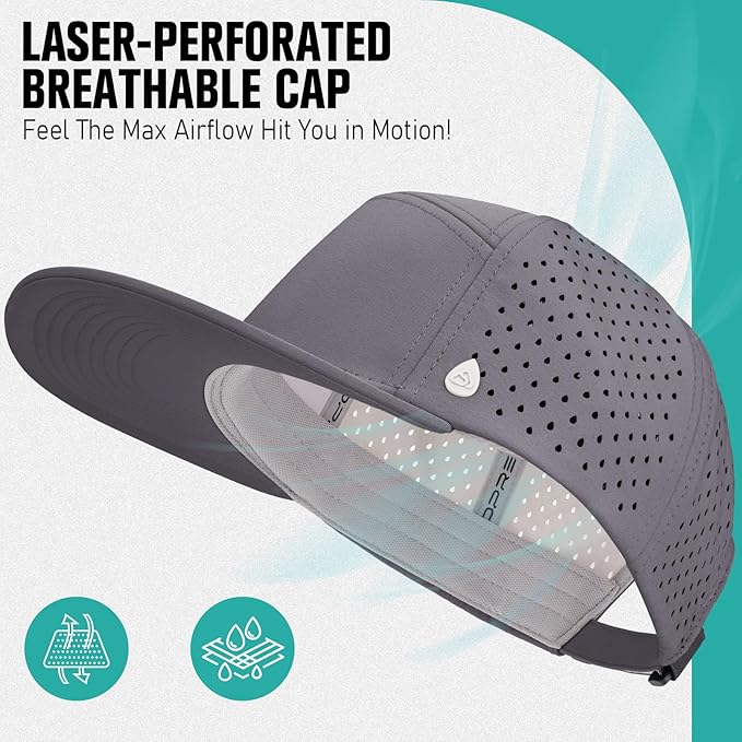 AOPREL Flat Brim Baseball Cap for Men Adjustable Water-Resistant Performance Hat with Breathable Laser Perforated