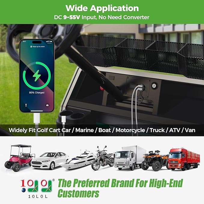 10L0L 9V-55V Input Golf Cart Quick Charge 3.0 Dual USB Charging Socket,2 in 1 USB Ports & Digital Voltmeter Universal for Club Car,EZGO and Yamaha,Metal Shell Safe Charge Outlet