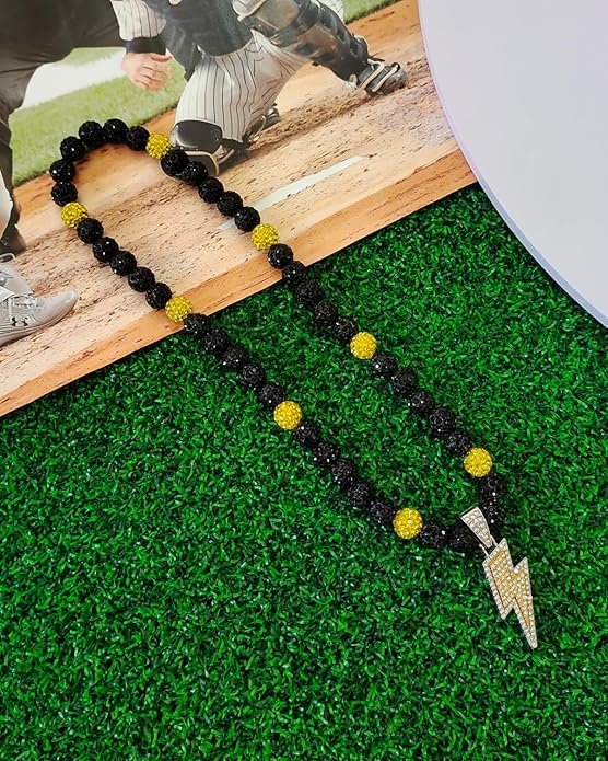 Baseball Necklace for Men 16/18/20 Inch Bling Ice Collection Lightning Bolt Pendant Necklace for Women Rhinestone Clay Beaded Discoball Accessories Gifts for Baseball Team Players Lovers