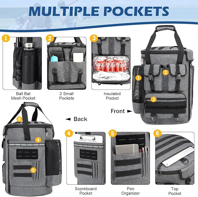 Baseball Bucket Bag - Baseball Coaching Accessories Organizer, Softball Bucket Bag with Insulation Pocket, Anti-Slip Bottom for Bat, Gloves, Scoreboards