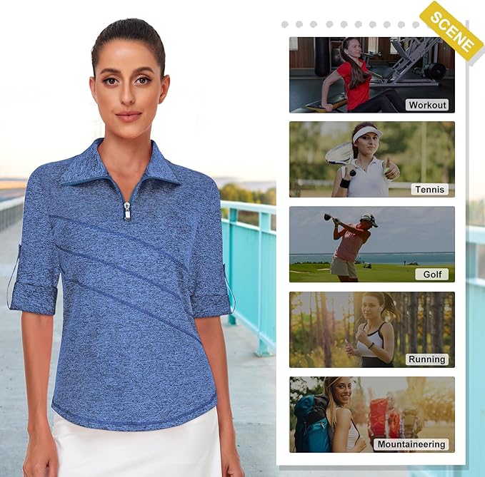 Koscacy Women's 3/4 Roll Sleeve Golf Tennis Polo Shirts UPF50+ Half Zip Dry Fit Workout Tops Athletic Shirt