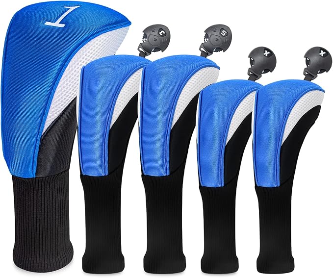 Golf Club Head Covers for Woods 3/4/5/6 Pieces Long Neck Mesh Sports Golf Club Headcovers Set with Interchangeable No. Tags 3 4 5 6 7 X Golf Accessories for Men Women