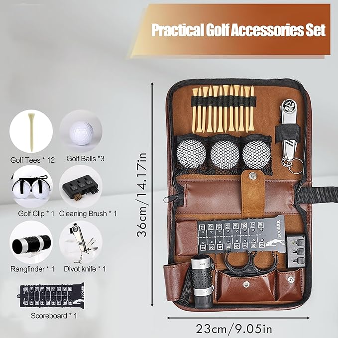 Golf Accessories for Men Women Golf Gifts Kit with Leather Case, 3 Golf Balls, Golf Tees, Rangefinder, Brush, Multifunctional Divot Knife, Scorer, Ball Clamp for Golfer