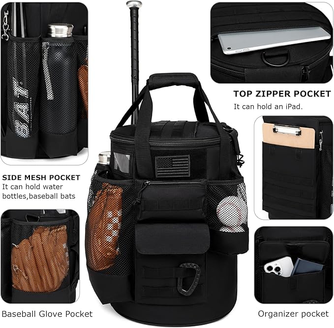 Baseball Bucket Bag Baseball Coaching Accessories Organizer Tactical Style Softball Bucket Bag with Anti-Slip Bottom, Multiple Pockets for Bat, Gloves, Scoreboards