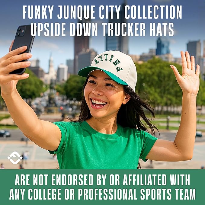 Funky Junque Upside Down City Trucker Hat for Men and Women – Unisex 3D Embroidered Gameday Baseball Cap, Retro Snapback Hats