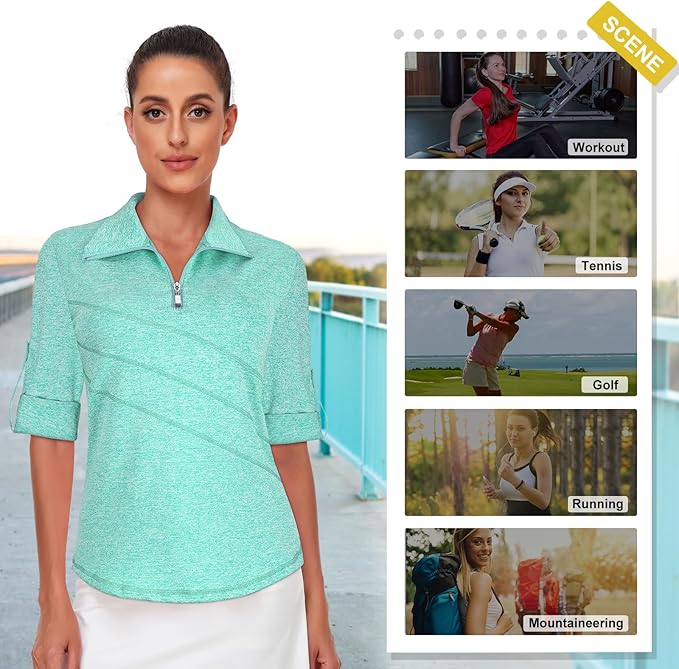 Koscacy Women's 3/4 Roll Sleeve Golf Tennis Polo Shirts UPF50+ Half Zip Dry Fit Workout Tops Athletic Shirt