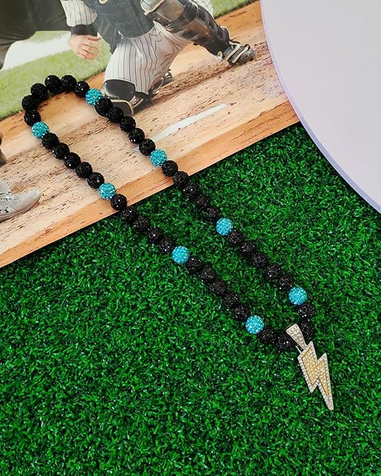 Baseball Necklace for Men 16/18/20 Inch Bling Ice Collection Lightning Bolt Pendant Necklace for Women Rhinestone Clay Beaded Discoball Accessories Gifts for Baseball Team Players Lovers