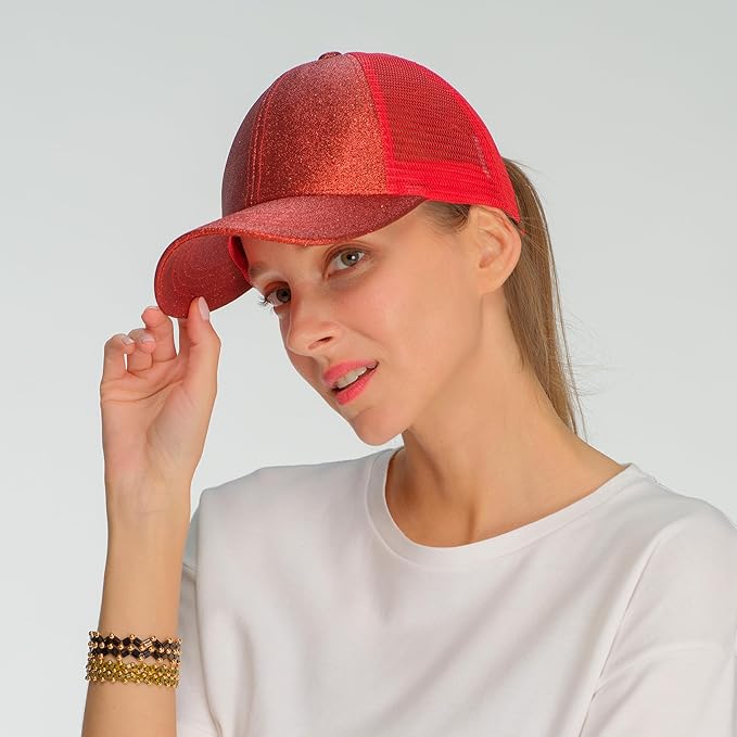 C.C Ponycap Messy High Bun Ponytail Adjustable Glitter Mesh Trucker Baseball Cap