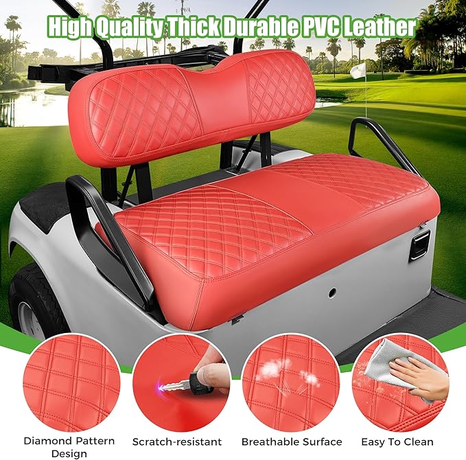 10L0L Golf Cart Seat Covers for Club Car Precedent,EZGO TXT Front/Rear Seats Diamond Pattern,Vinyl Leather with Adjustable Straps and Retractable Buckle, No Stapler Needed
