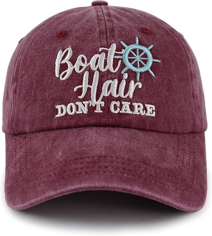 Boat Hair Don't Care Hats for Men Women, Adjustable Embroidered Cotton Washed Distressed Denim Fishing Baseball Cap