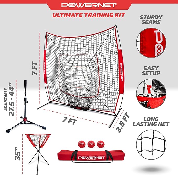 PowerNet Baseball Softball Practice Net 7x7 with Baseball Accessories for Practice Pitching, Batting & Fielding, Ball Caddy, Weighted Baseballs, Tee