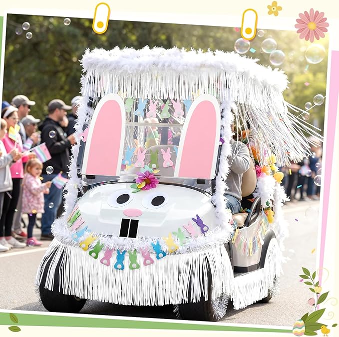 Moucuny 12 Pcs Easter Bunny Golf Cart Decoration Kit 1 Set Giant Felt Rabbit Model 3 Silver Thread Felt Strip 2 Curved Rain Curtain 2 White Felts Strip 2 Easter Bunny Banners for Golf Cart Accessories