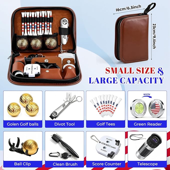 Golf Gifts for Men and Women, Golf Accessories Set with Gold Golf Balls, Telescope, Golf Tees, Brush, Divot Tool, Golf Green Reader, Scorer, Golf Ball Clamp Golf Tool Set Storage Case (Brown)