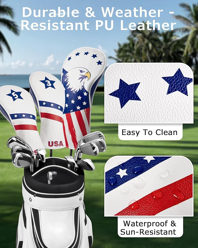 Fitense Golf Head Covers, 3 Pack Golf Club Head Covers USA Stars and Stripes, Velour Lined for Extra Club Protection, Designed to Fit All Woods and Drivers Velour Lined