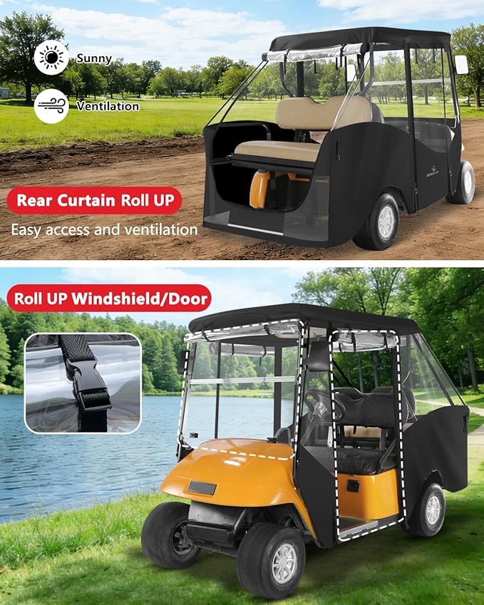 Golf Cart Enclosure 4 Passenger, Ezgo Golf Cart Cover for TXT Short Roof 2+2 Seater,Waterproof 600D Oxford Rain Cover Driving Enclosure,Roll Up 4-Sided Clear Windows&Door