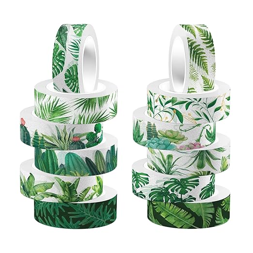 Greenery Washi Tape Set 12 Rolls, Tropical Leaves Masking Tape Hawaii Green - Image 7