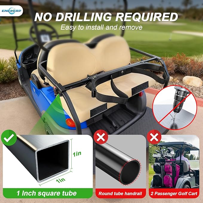 Universal Golf Cart Bag Holder Bracket Attachment for 2+2 Golf Cart Rear Seat with 1 Inch Square Tube, No Drilling Adjustable Golf Back Seat Bag Rack for EZGO Club Car Yamaha