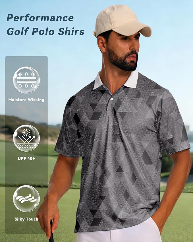KUYIGO Mens Polo Shirt Quick Dry Moisture Wicking UPF 40+ Performance Printed Short Sleeve Summer Tennis Golf Shirt