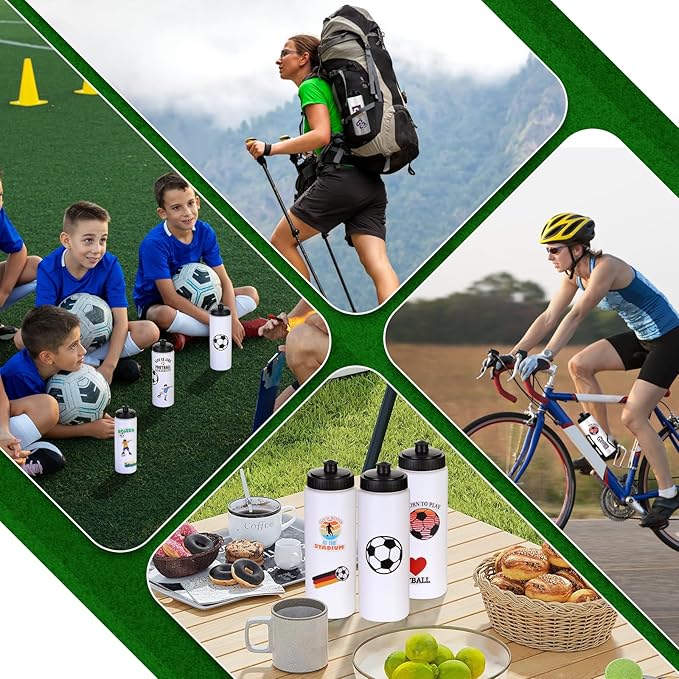 DI QIU REN 12 PCS Soccer Water Bottle Bulk with 300 PCS Stickers, 20 OZ Plastic Reusable Soccer Water Bottles for Boys, Squeeze Water Bottles Sports for Team, Sports Bottles Squeeze for Gym