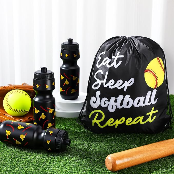 Reallnaive 12 Pcs Softball Party Favors 24 oz Softball Water Bottle Gift for Team with Drawstring Bag Bulk Gifts Tumbler Cup Sports Themed Accessories for Events Supplies