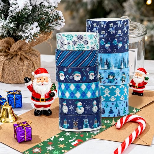 12 Rolls Winter Washi Tape Set Blue White Snowflake Snowman Holiday Masking - Image 6