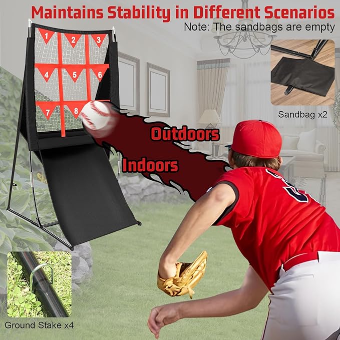 Storgem 9 Hole Pitching Net with Strike Zone, Baseball Softball Pitching Target Net with Automatic Ball Return, Portable Pitcher Training Equipment Height Adjustable, Carry Bag