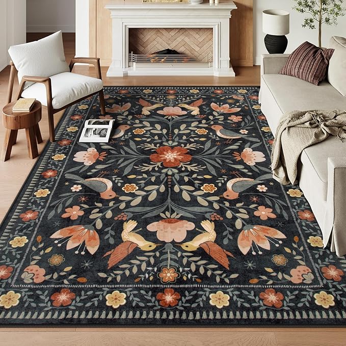 Morebes Washable Black Floral Rug 5x7, Flower Birds Area Rugs by Morebes