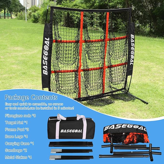 BaseGoal 4'×4' Baseball Softball Net,Pitching Strike Zone Target Net,with 9 Pocket,Baseball Backstop Net,for Hitting Pitching Batting Catching Practice