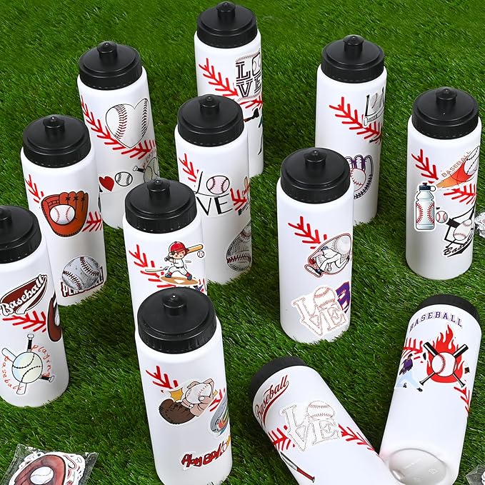 Baseball Party Favors, 12 Pack Baseball Water Bottles with 300 PCS Stickers, 20 oz Sports Squeeze Bottle, BPA-Free Reusable Water Bottles Bulk for Boys, Gifts For Team