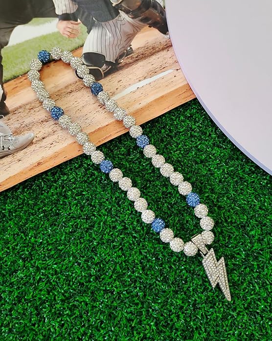 Baseball Necklace for Men 16/18/20 Inch Bling Ice Collection Lightning Bolt Pendant Necklace for Women Rhinestone Clay Beaded Discoball Accessories Gifts for Baseball Team Players Lovers