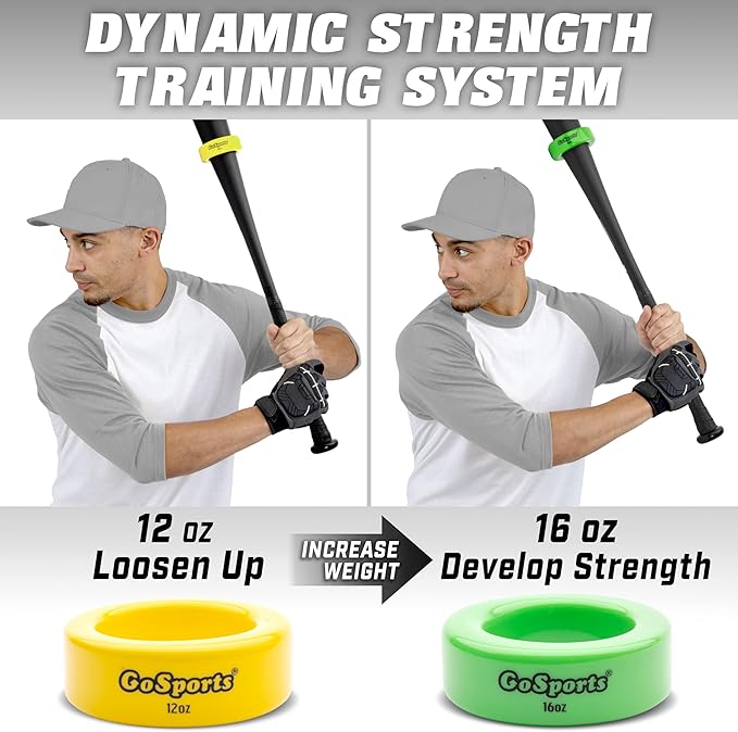 GoSports Baseball and Softball Bat Weights - 2 Pack Baseball Donuts - 16 oz & 12 oz
