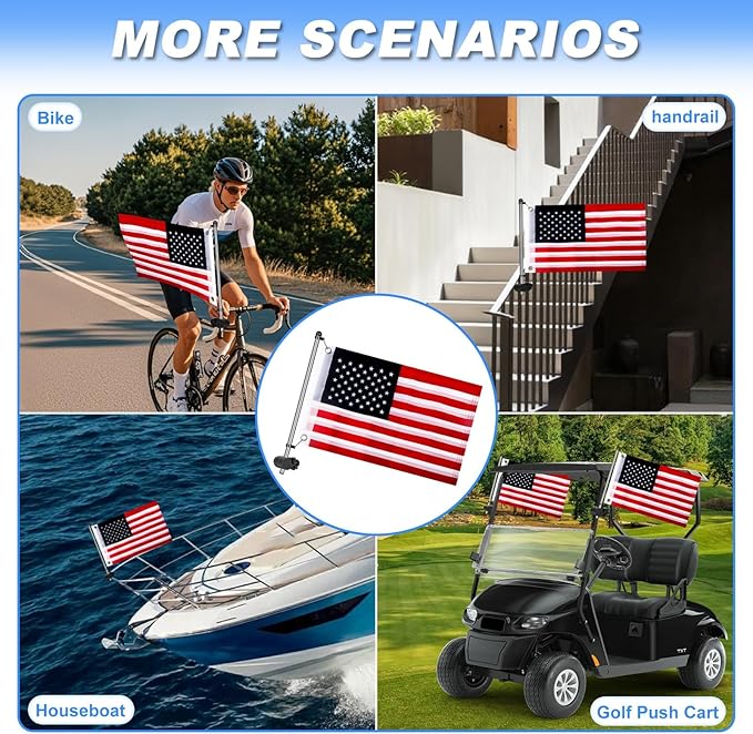 Golf Cart Flag Holder and Flag Pole Kit for Yamaha, EZGO, Club Car, Upgraded Flag Bracket for 0.59-1.18" Round/Oval/Square Rails Golf Carts, Boat, Golf Push Carts, Included USA Flag (22.8”×11.4”) 2PCS