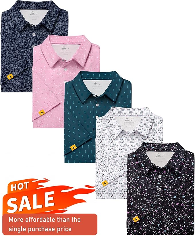ZITY 5 Pack Mens Golf Shirt Short Sleeve UPF 50+ Moisture Wicking Performance Print Patterns Casual Golf Polo Shirts for Men