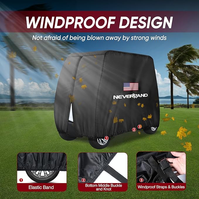NEVERLAND Golf Cart Cover 2 Passenger - 420D Waterproof Golf Cart Covers Extended Roof Compatible with EZ GO Club Car Yamaha Golf Carts, Outdoor Dustproof 2 Seat Club Car Cover (Up to 95 Inch)