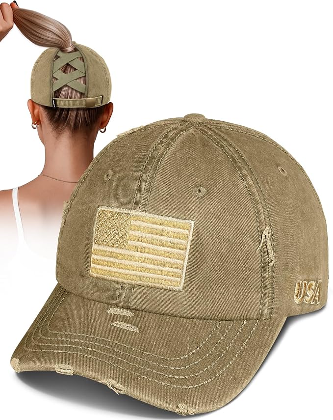 Flafens Women Pony Hats High Ponytail Baseball Caps - Cotton Vintage Washed Distressed Adjustable Criss Cross Trucker Hat