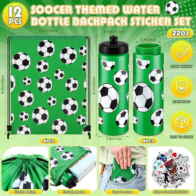 Funnymoom 24 Pcs Soccer Water Bottles Drawstring Bag Set with 50 Sticker Soccer Party Favors 12 Reusable Sports Squeeze Water Bottles 20oz 12 Soccer Goodie Gift Bag for Soccer Team Gifts Players Gym