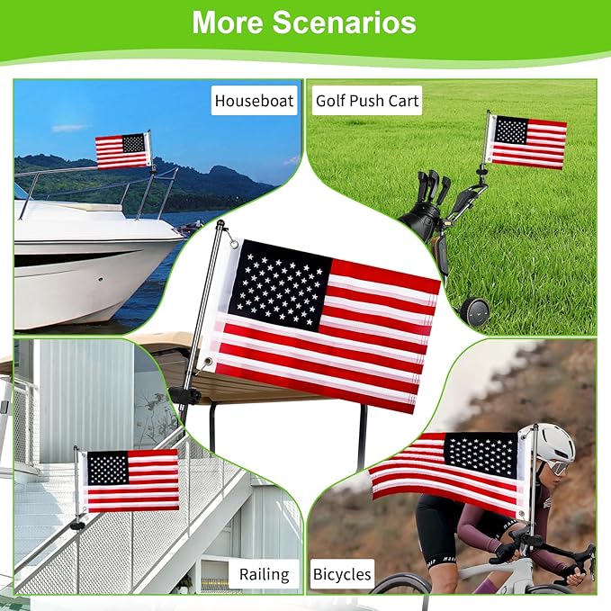 Golf Cart Adjustable Flag Holder, Universal Flagpole for EZGO Club Car Yamaha, Flag Bracket for 0.59-1.18" Round/Oval Square Rails Push Cart, UTV, ATV, Included USA Flags (12"×18")