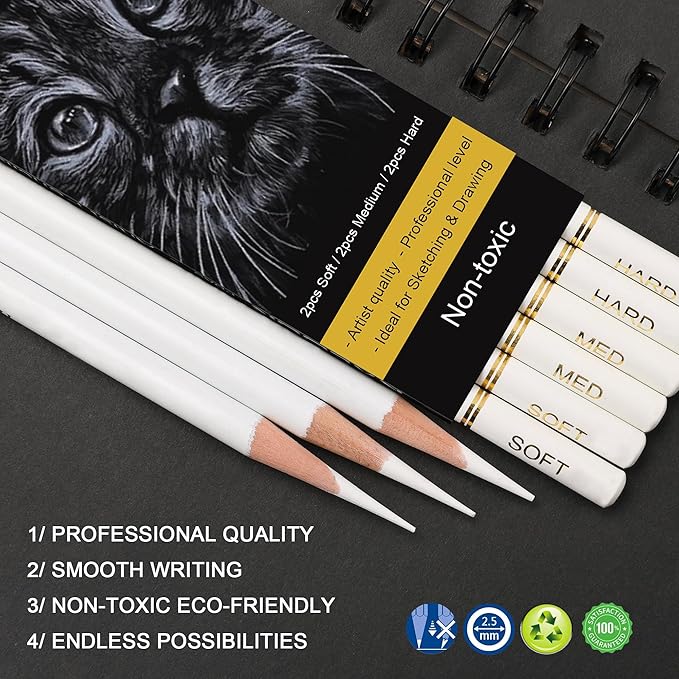 KALOUR White Charcoal Pencils Drawing Set, Professional 6 Pieces White Sketch - Image 2