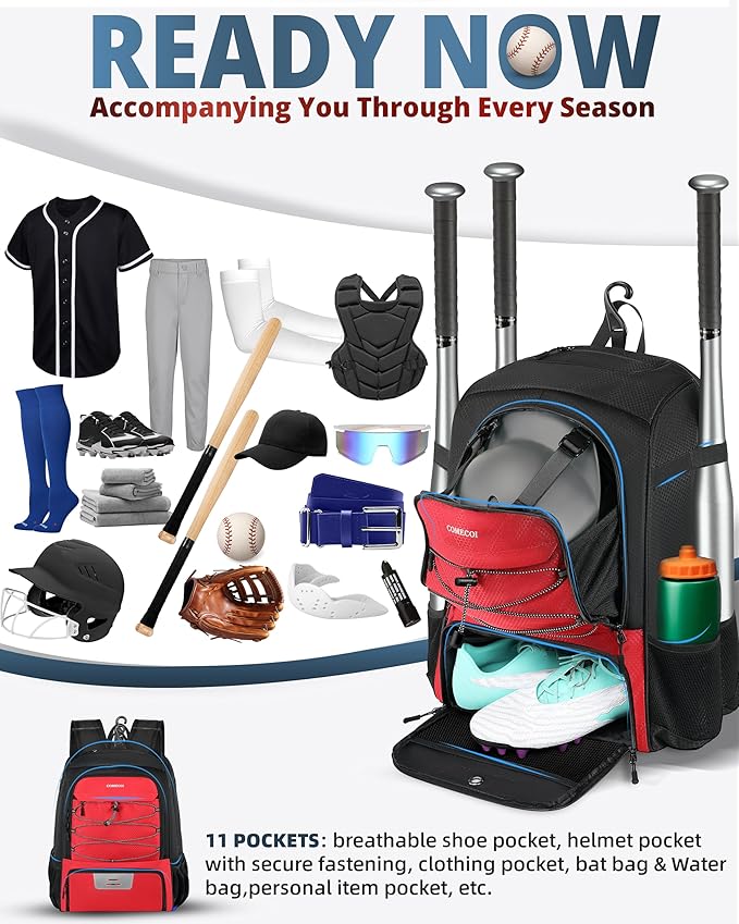 COMECOI Baseball Bag, Baseball Backpack with Helmet Shoes Bag for Youth, Adult, Lightweight Softball Bag with Fence Hook Hold TBall Bat, Baseball Glove, Helmet, Caps, All Gear