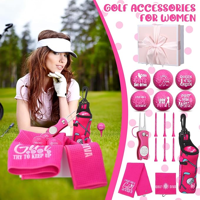Realspring 18 Pcs Pink Golf Accessories Kit Gift for Women, Include 6 Pink Golf Balls, 6 Tees, 2 Towels, Ball Bag, Divot Tool, Gift Box